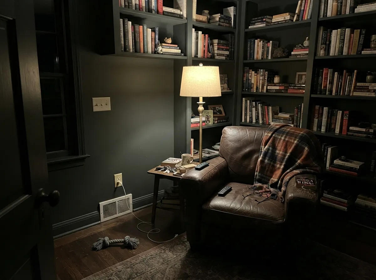 Under warm lamplight in a den or library, the green-gray comes forward and the built-ins go genuinely rich, not just dark.