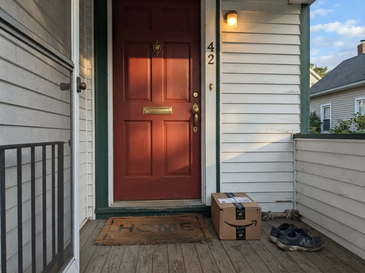 On a door that actually gets sun, the brick-red reads clearly — check your door at the hour people will really see it before you commit.