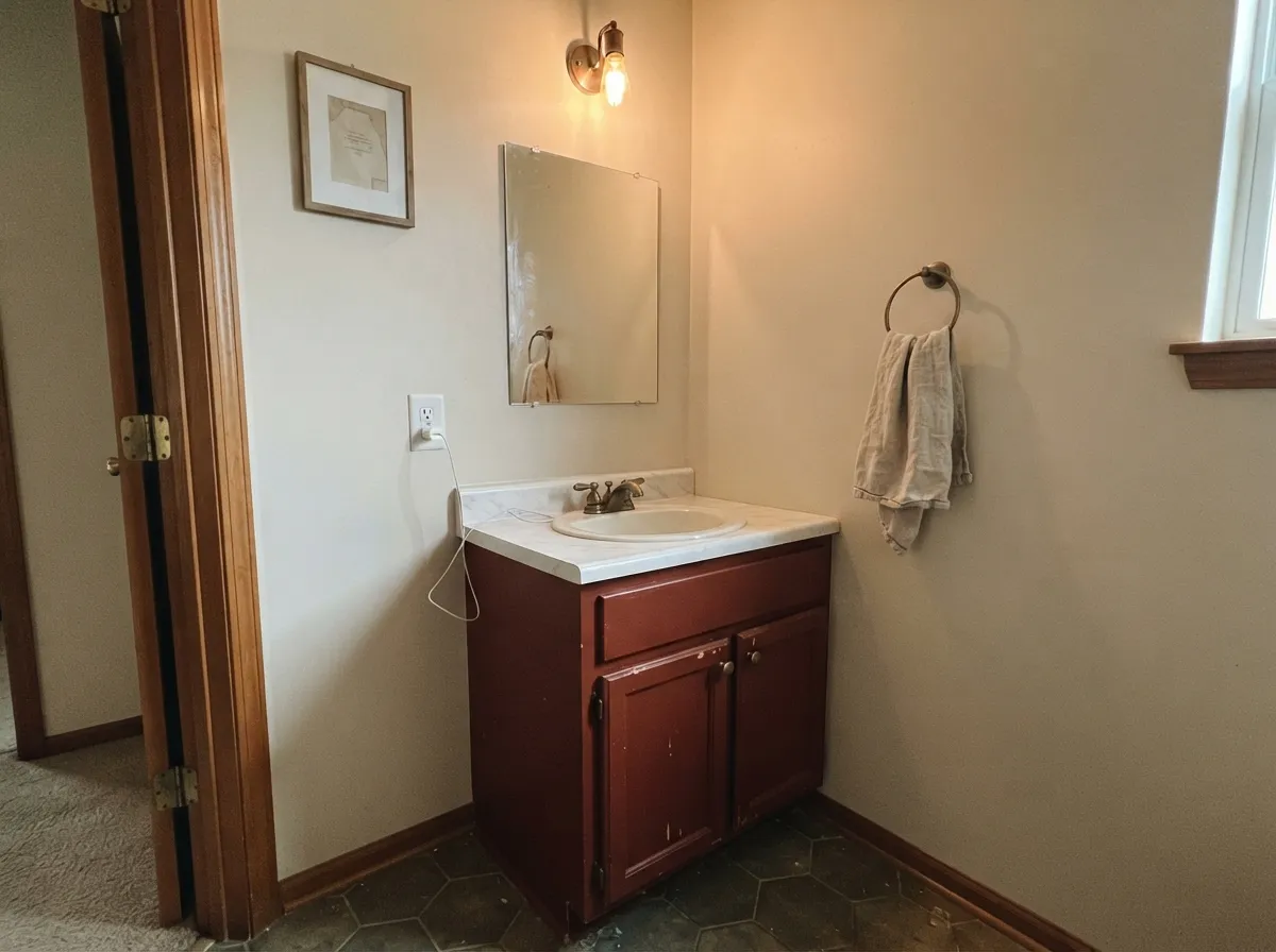 The designer-move version: a Dinner Party vanity under warm cream walls, small enough to feel custom rather than committed.