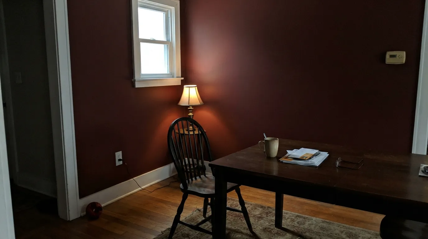The honest shot: no overhead light, and Dinner Party stops reading as red at all — this is the room that leaves the one-star reviews.