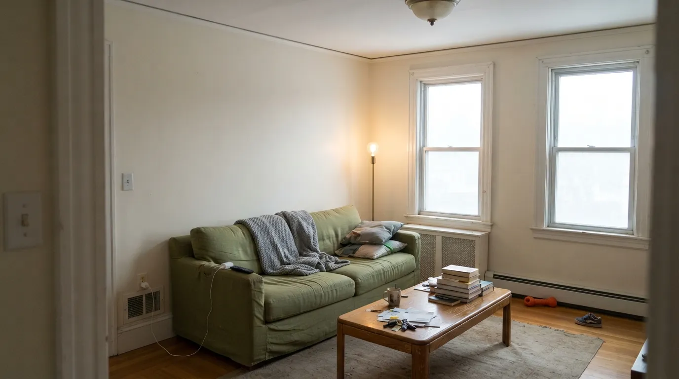 North light on a gray day: the cream keeps the room warm while the walls still read as white against the brighter trim.