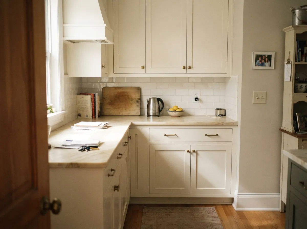 On cabinets it stays calm next to brass and warm stone, and it hides the marks around the pulls.