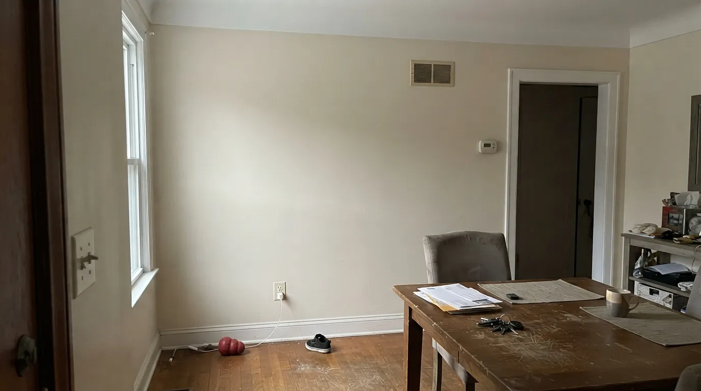 The honest shot: leave a cool builder-white ceiling and trim in place and Dove Wing reads dingy instead of warm.