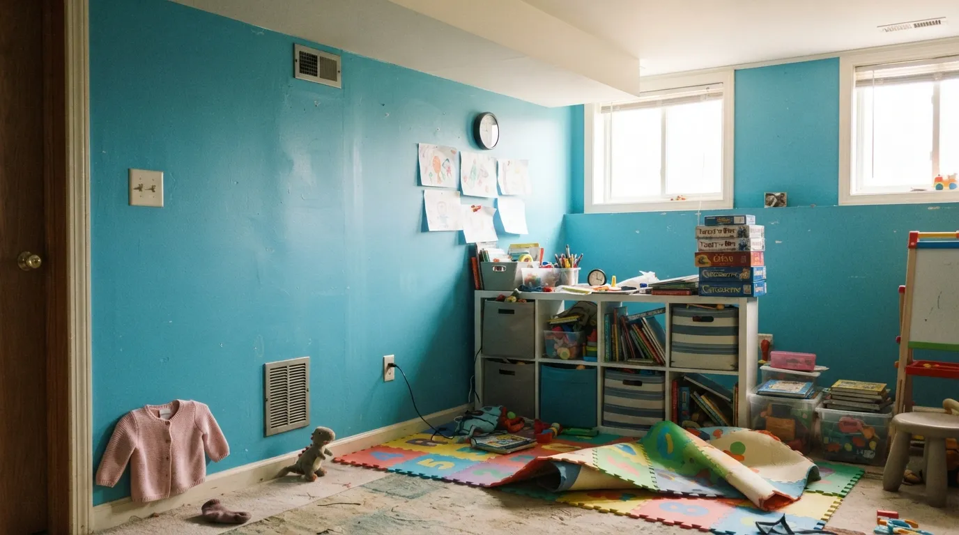 Full walls in a playroom — the one room where all four walls of this much color is the right call, with a warm white ceiling buying back some light.