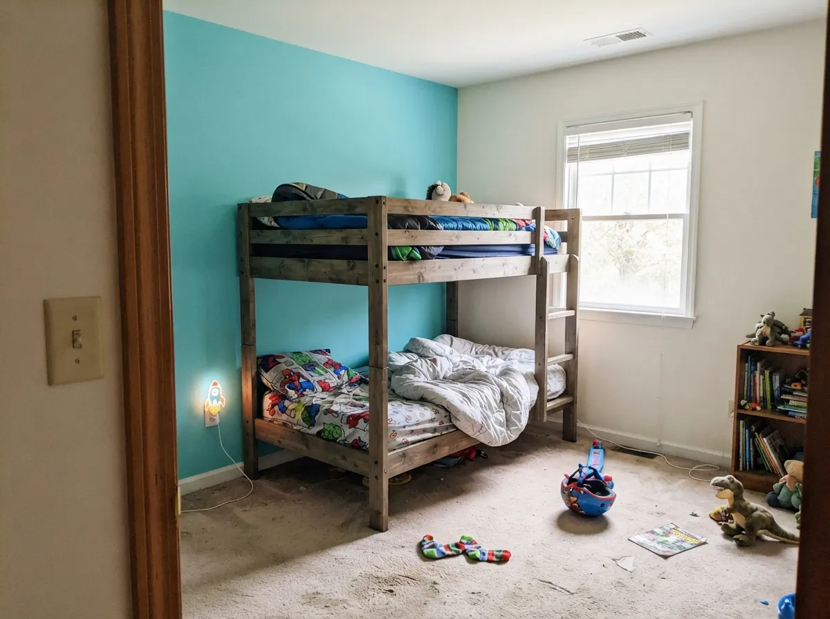 The bedroom compromise that works: one wall of Dream I Can Fly behind the bunks, soft white everywhere else, so the room still calms down at night.