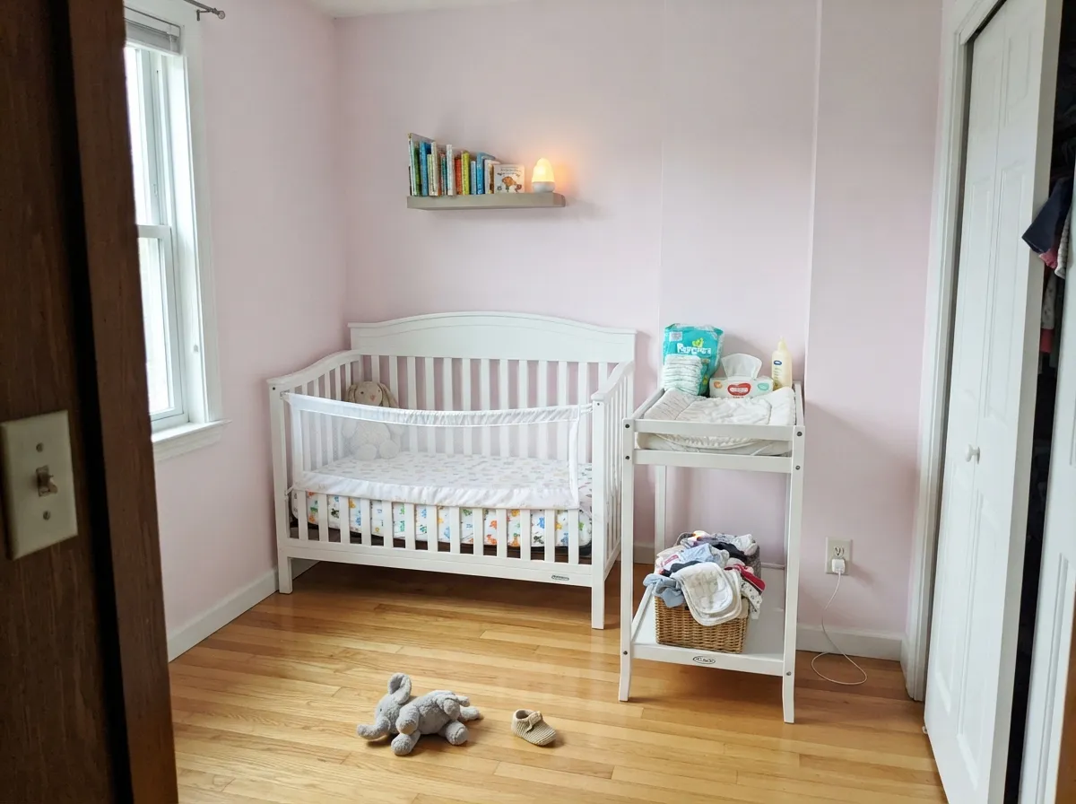 Paired with a muted sage accent, Dream Whip reads gender-neutral and soft — the classic blush-and-sage nursery combo.