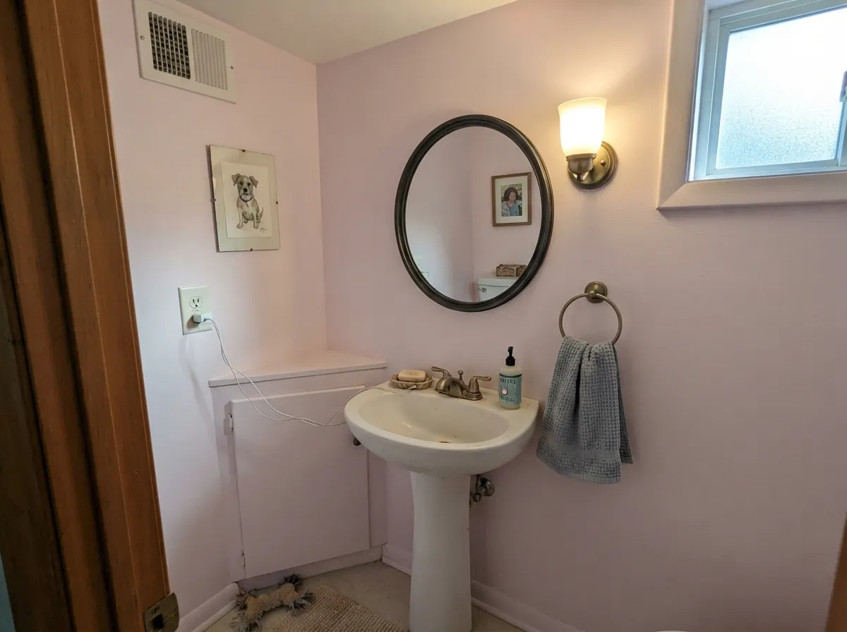 With a near-black mirror frame and brass hardware, the pastel stops feeling sweet and starts feeling designed.
