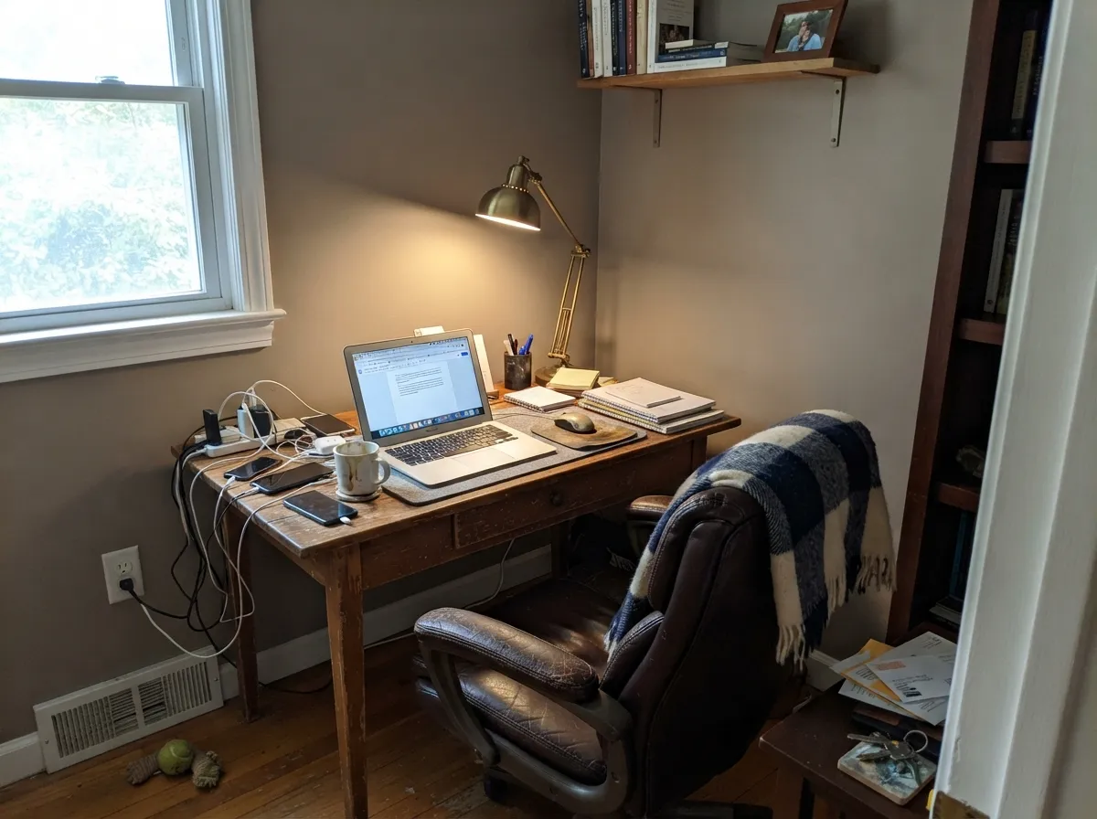In a warm home office it goes grounded and quietly expensive — walnut and brass are its best company.