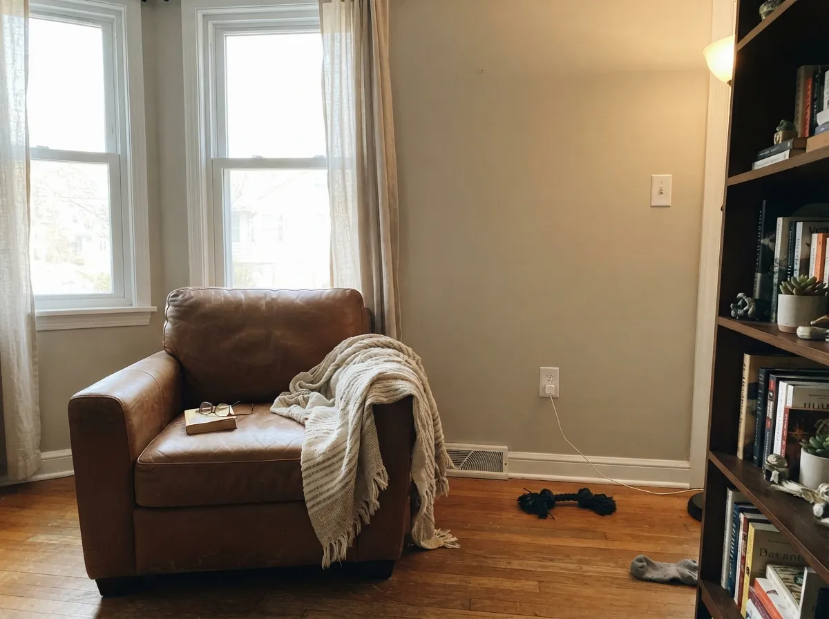 Edgecomb Gray living room walls with daylight from two windows and white trim.