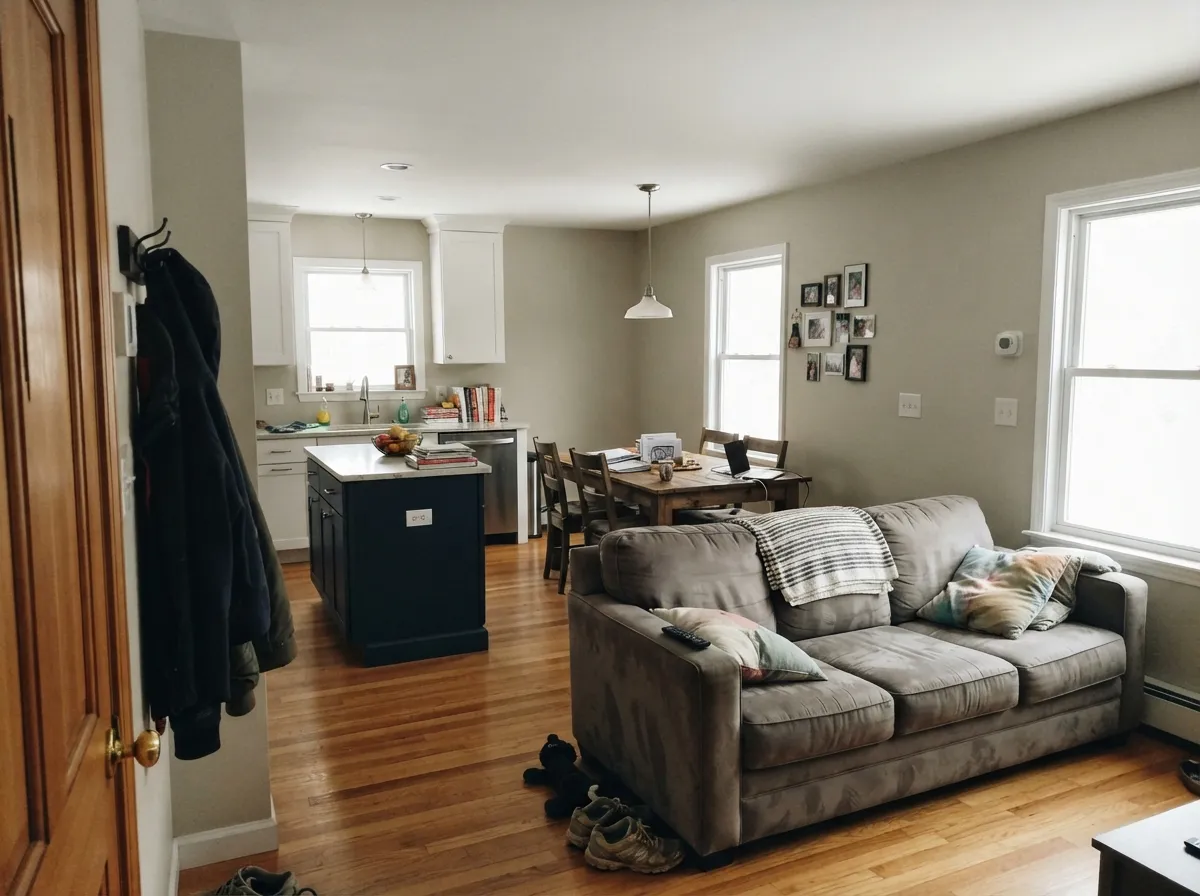 Edgecomb Gray carried across open-plan living, dining, and kitchen walls with a dark navy island.