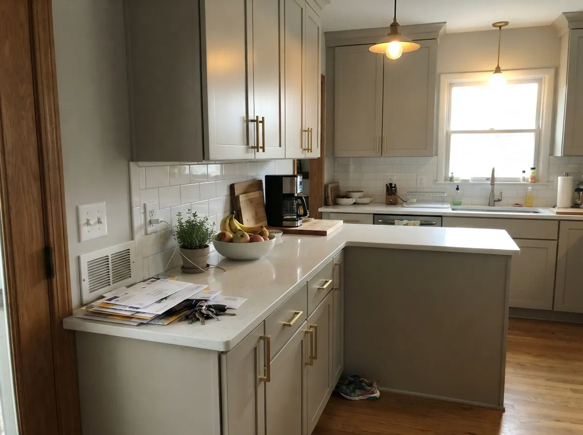 Edgecomb Gray satin kitchen cabinets with white quartz counters and brass hardware.