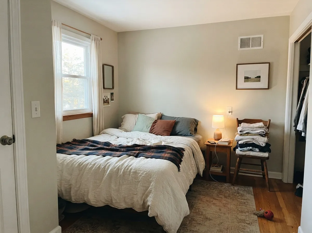 Edgecomb Gray bedroom walls in soft morning light.