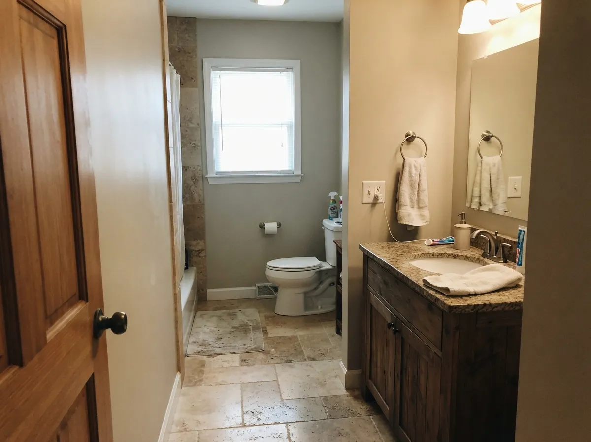 Edgecomb Gray bathroom walls above travertine tile with a wood vanity.