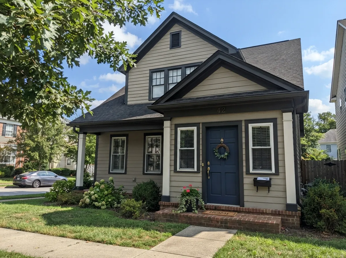 Edgecomb Gray exterior siding reading tan in full sun with dark trim and a navy door.