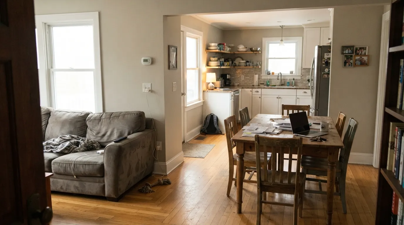Two light directions and oak floors — this is the room Edgecomb Gray was made for, warm without going beige.