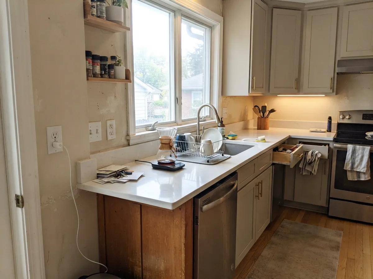 On cabinets next to a whiter wall and counter, it reads warm and custom instead of dingy.