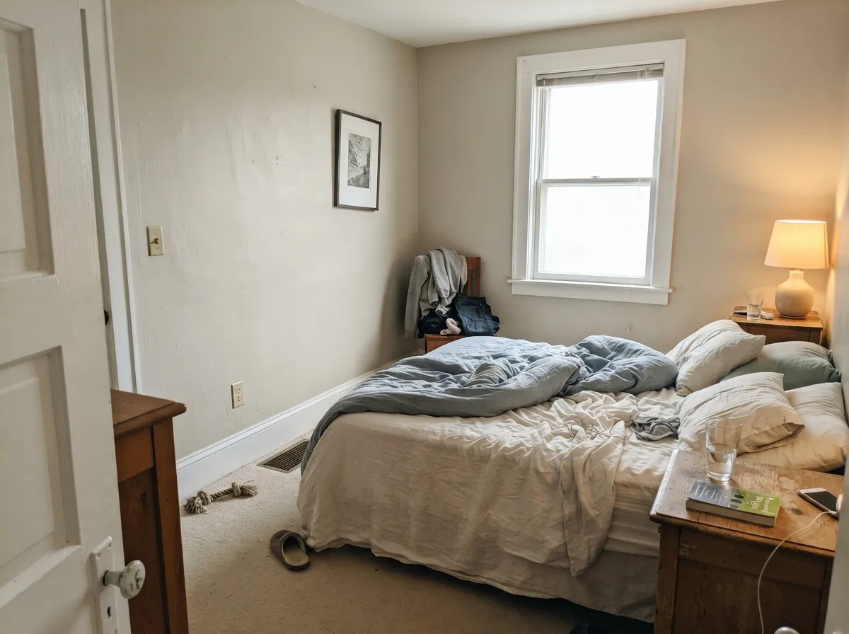 Morning light keeps it soft and quiet — the gray and the beige holding each other in balance.