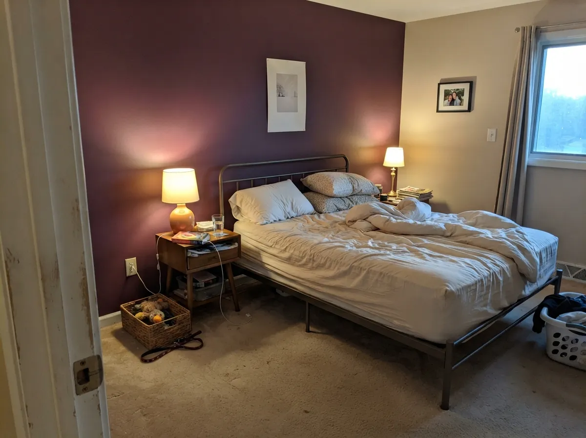The low-risk version at home — one matte plum wall behind the bed, lighter neutral on the rest, and two lamps doing the work an overhead fixture cannot.