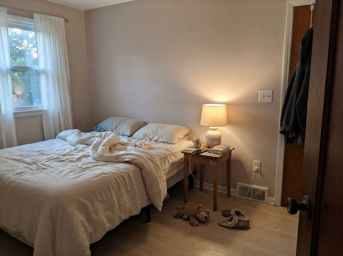 Under a warm lamp and over a pale floor, the greige leans gently warm without tipping into the pink the wrong floor can trigger.