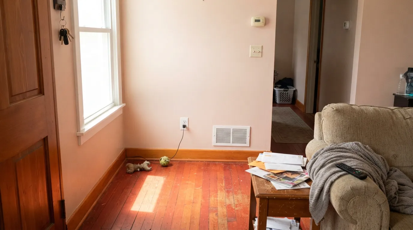 The documented failure: reflected light off a red-toned wood floor pushes Elmira White into pink and peach — the exact problem a designer diagnosed in a real home.