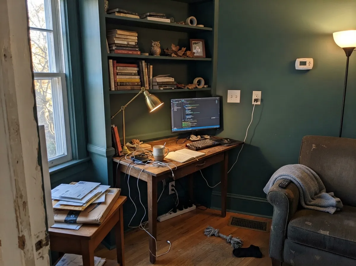 Color-drenched with lamps on, it turns cozy instead of cave-like — but note how much of the light is coming from the lamps, not the window.