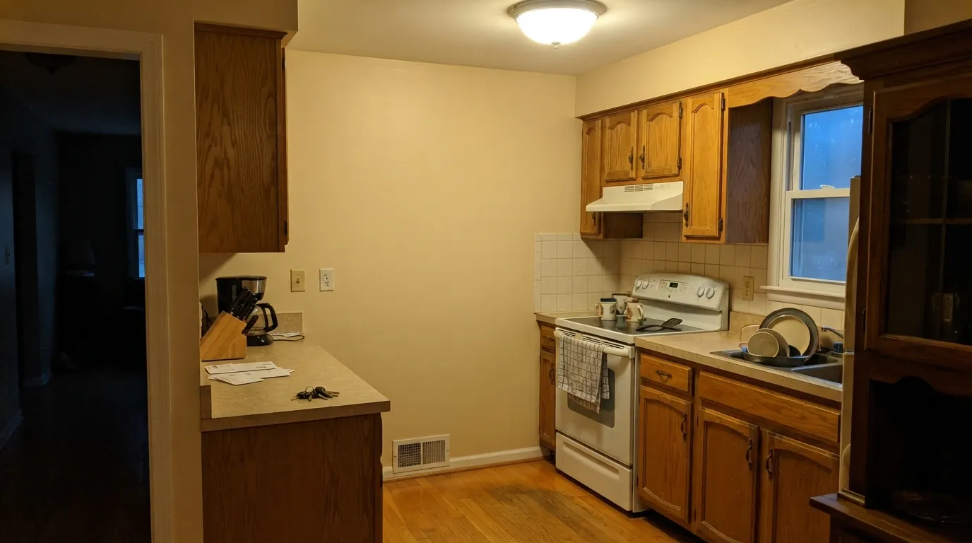 The honest shot: against honey oak cabinets and floor, the warmth stacks on itself and the wall reads too yellow — the exact complaint from real owners with this floor tone.