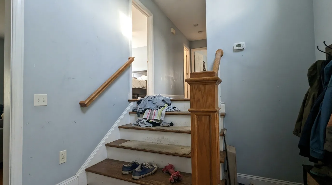 The room it is best known for: in a stairwell with no window of its own, Feather Gray still reads light and deliberate against white risers.