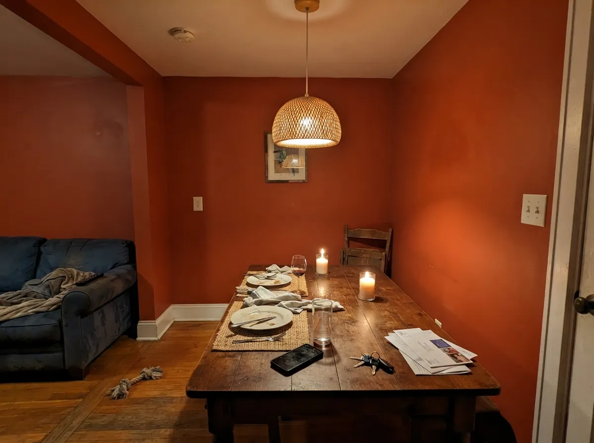 After dark under warm bulbs the red comes forward and the walls glow — the one room where drenching all four walls makes sense.