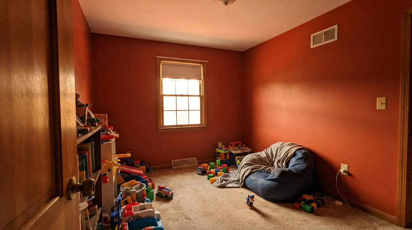 The honest shot: on all four walls the color stops being an accent — the room closes in and the white ceiling turns peach from the bounce.