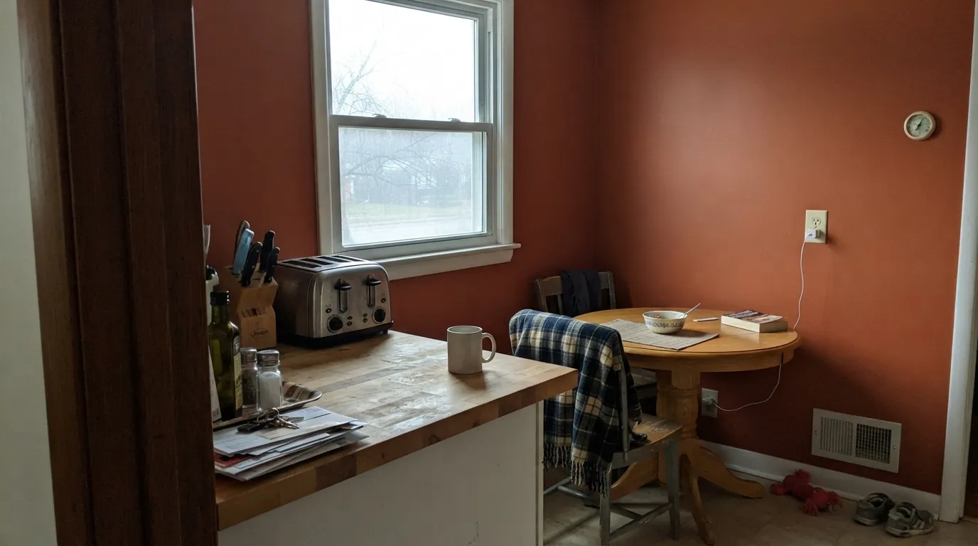 The honest shot: cool north light with no lamps drains the red and leaves a dull rust-brown — the light Firenze was never designed for.