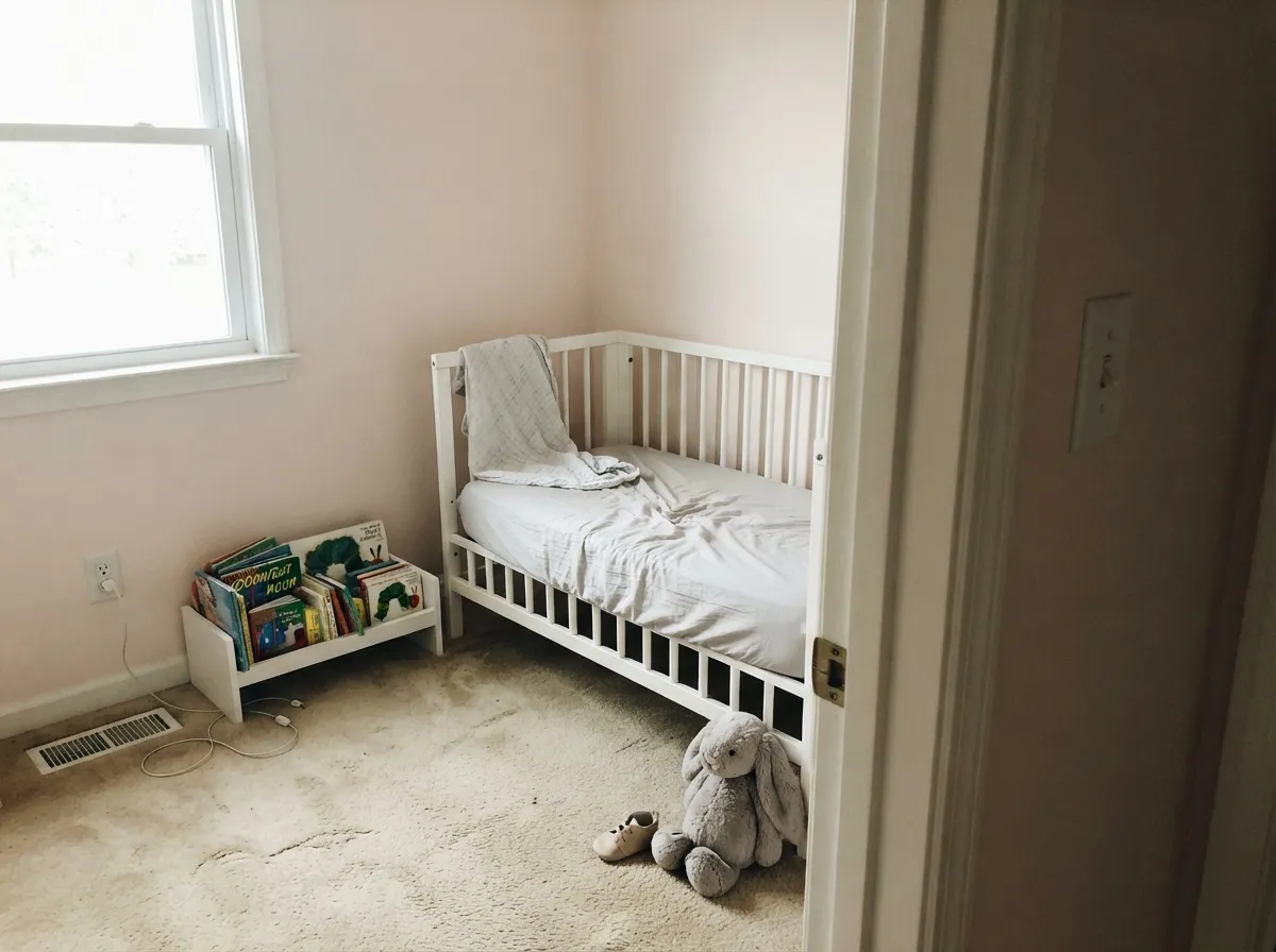 In a nursery the pink stays diluted enough to read calm rather than sweet, especially against warm White Dove trim.