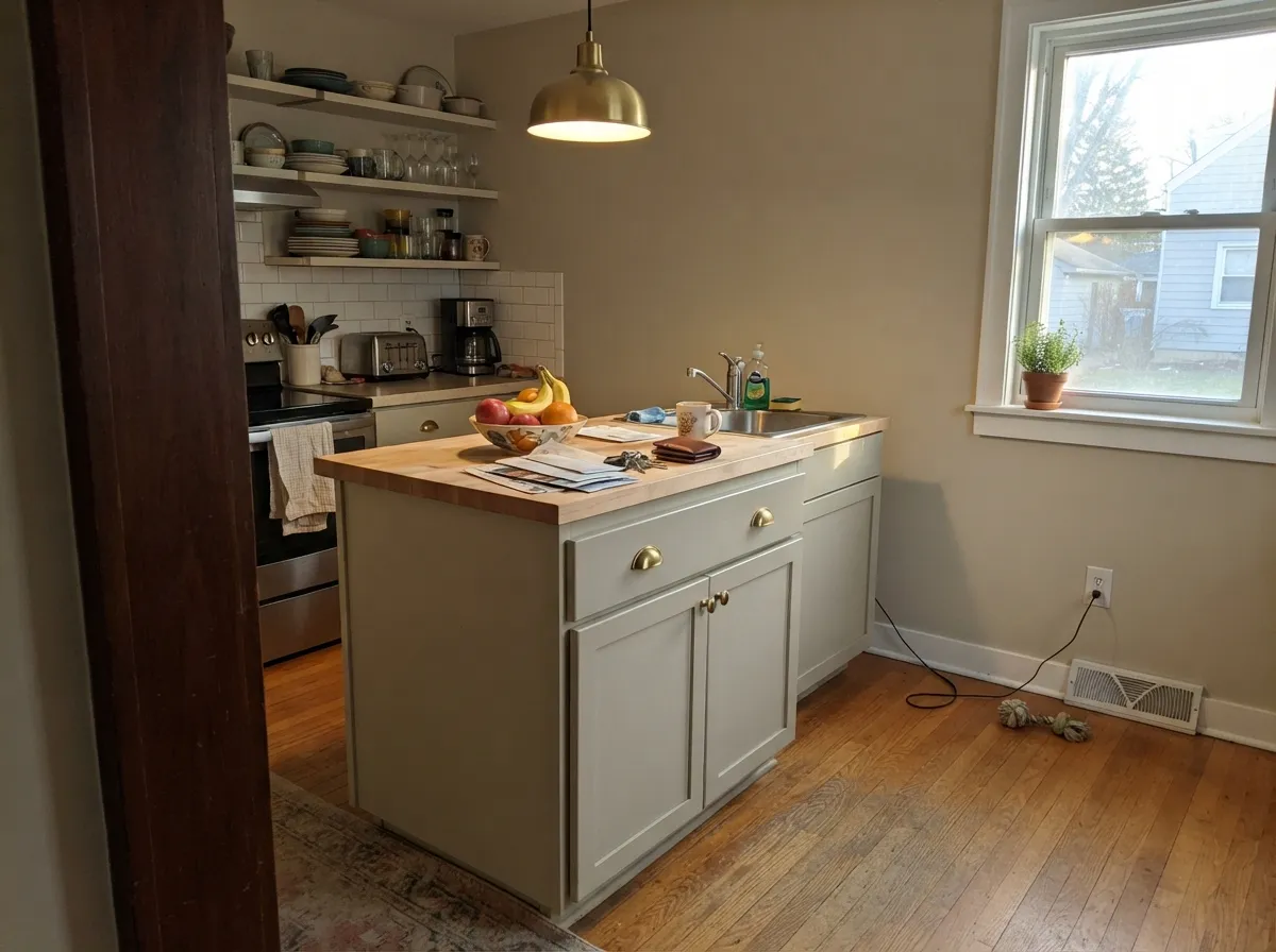 Paired with a muted sage island instead of the usual gray-and-white, Fossil leans into the warm-brown-and-green pairing Benjamin Moore itself suggests.