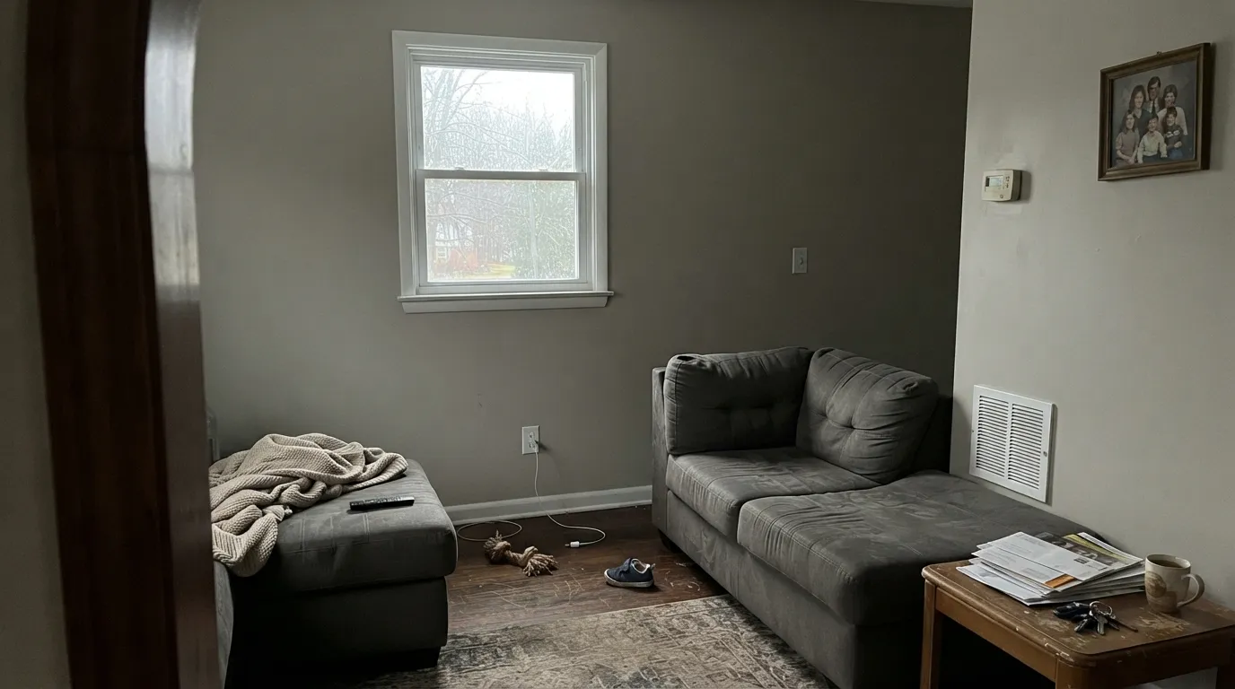The honest shot: cold north daylight with no lamps strips the warmth out and leaves a quiet stone gray — not a flaw, just the light this color needs help fighting.