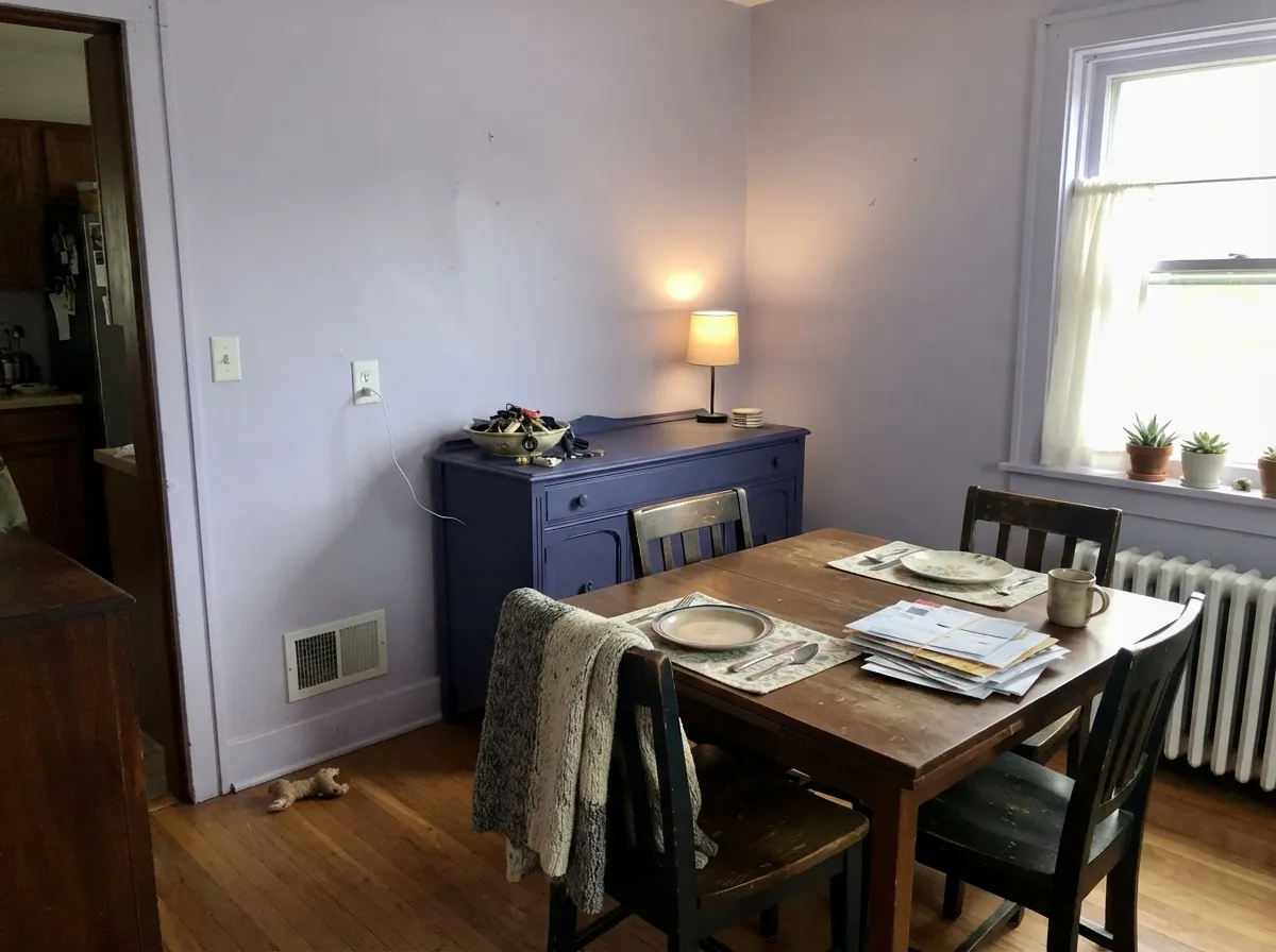Drenched top to bottom in a one-window dining room: no white baseboard stripe, a walnut table and a Blue Nova sideboard doing the grounding.