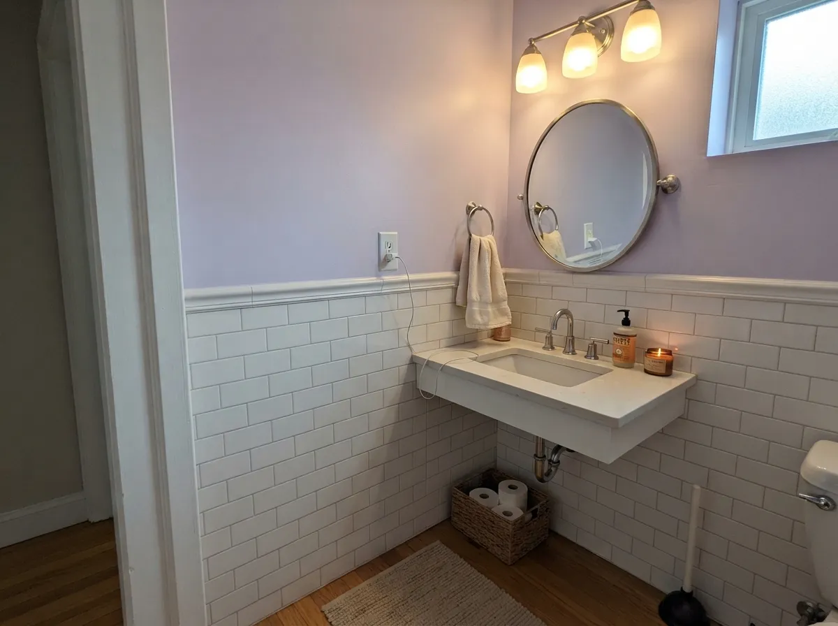 A powder room is the low-risk place to try purple — the cool lilac sits easily against white tile and chrome.