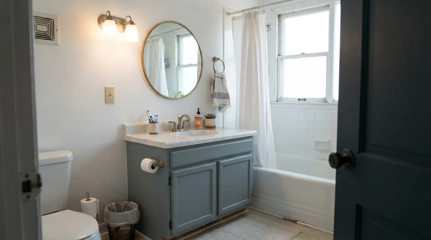 French Toile on a daylit vanity — the light this whole color family wants, and where it looks most deliberate.