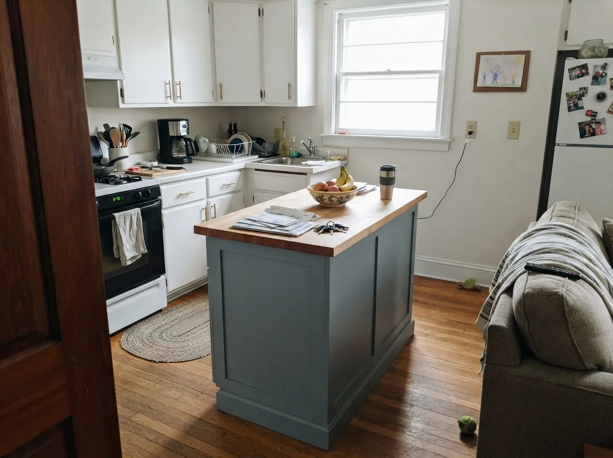 Against white cabinets the blue-gray island reads striking without taking over the whole kitchen.