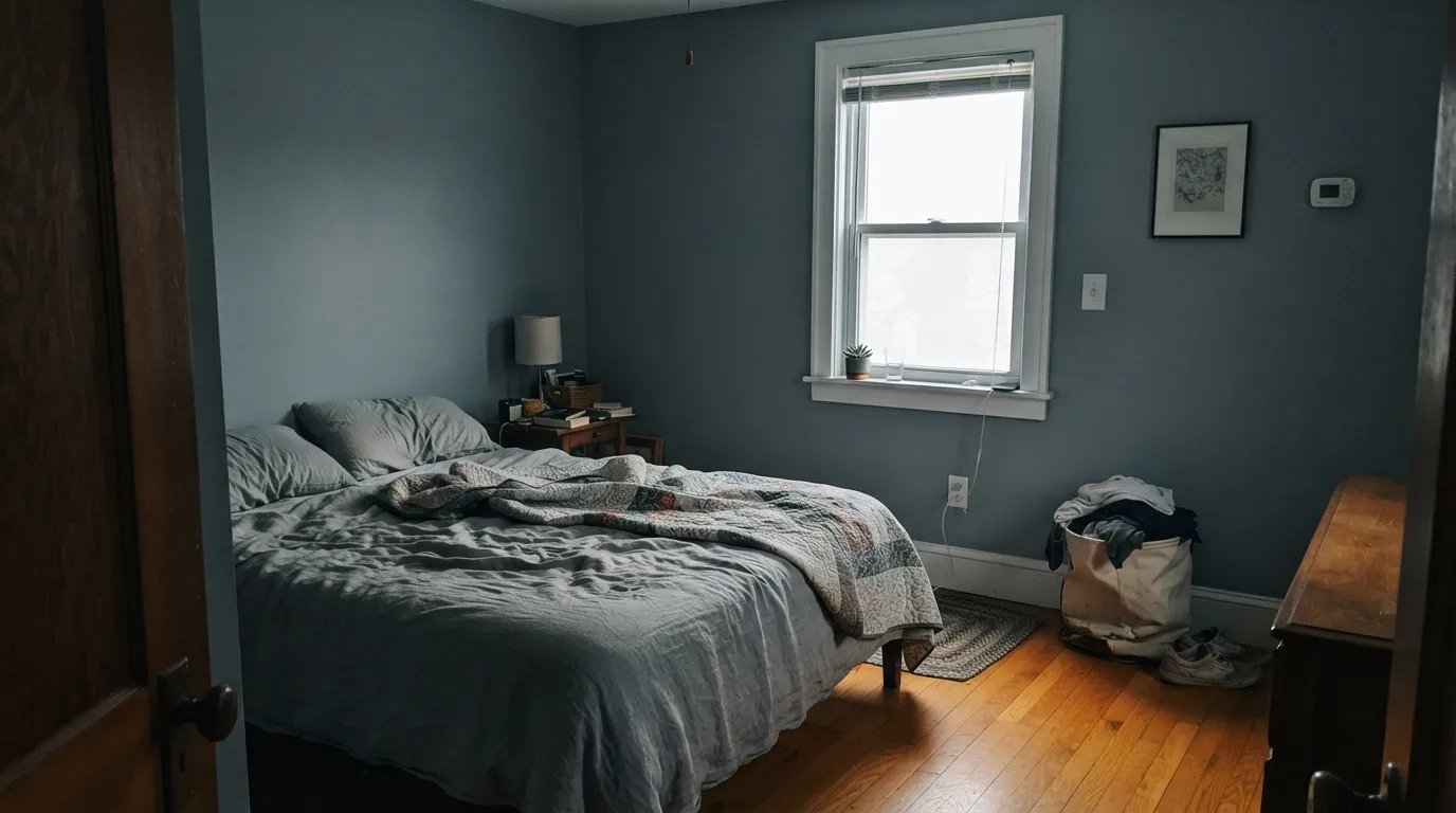 The honest shot: dim north light plus honey oak floors, the exact combination behind this color's regret stories.