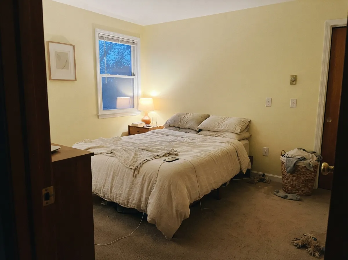 Warm linens and lamplight deepen it toward honey at night — stark white sheets would only make it look more yellow by contrast.
