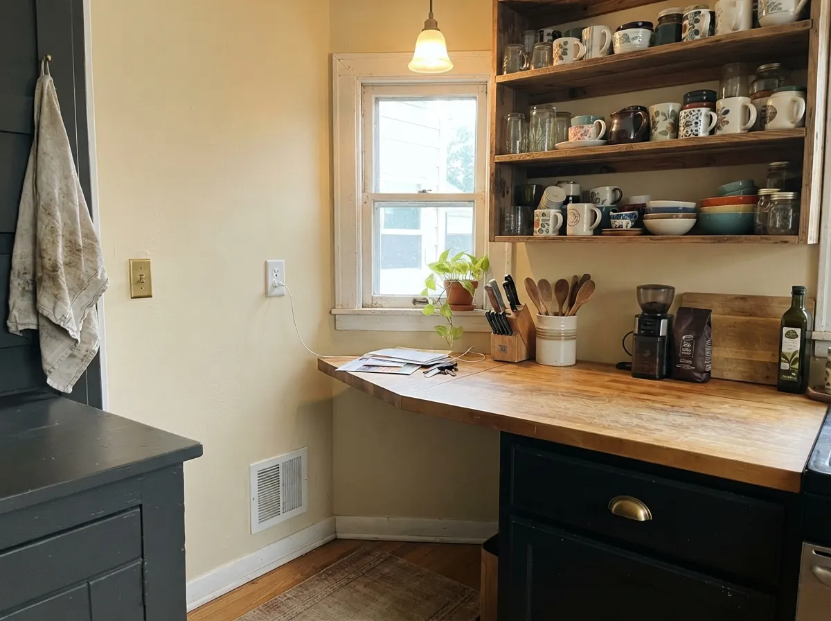 With real wood and brass in a farmhouse kitchen, the cream reads finished, not flat.