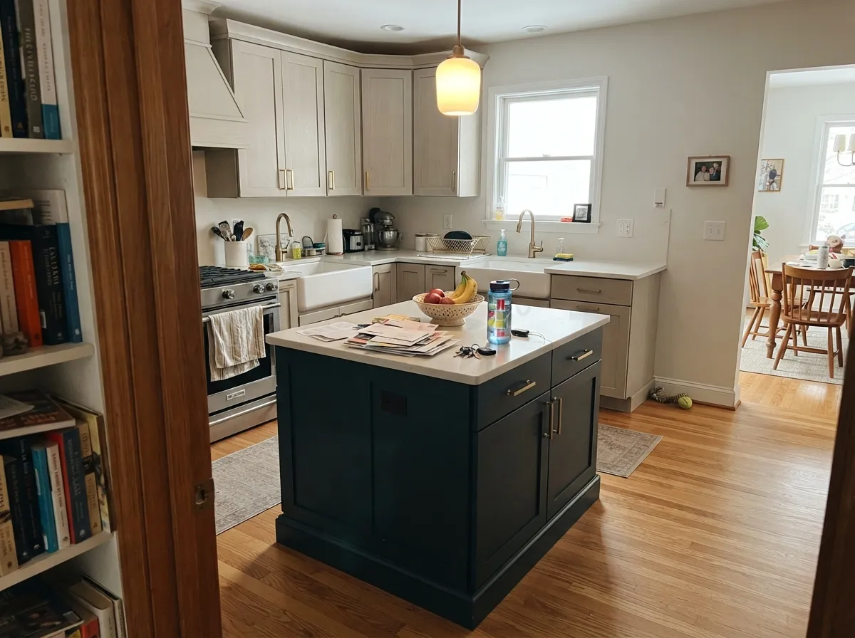 The color's most common real job: a dark island against a lighter perimeter, teal-blue clearly visible where the pendant light hits it.
