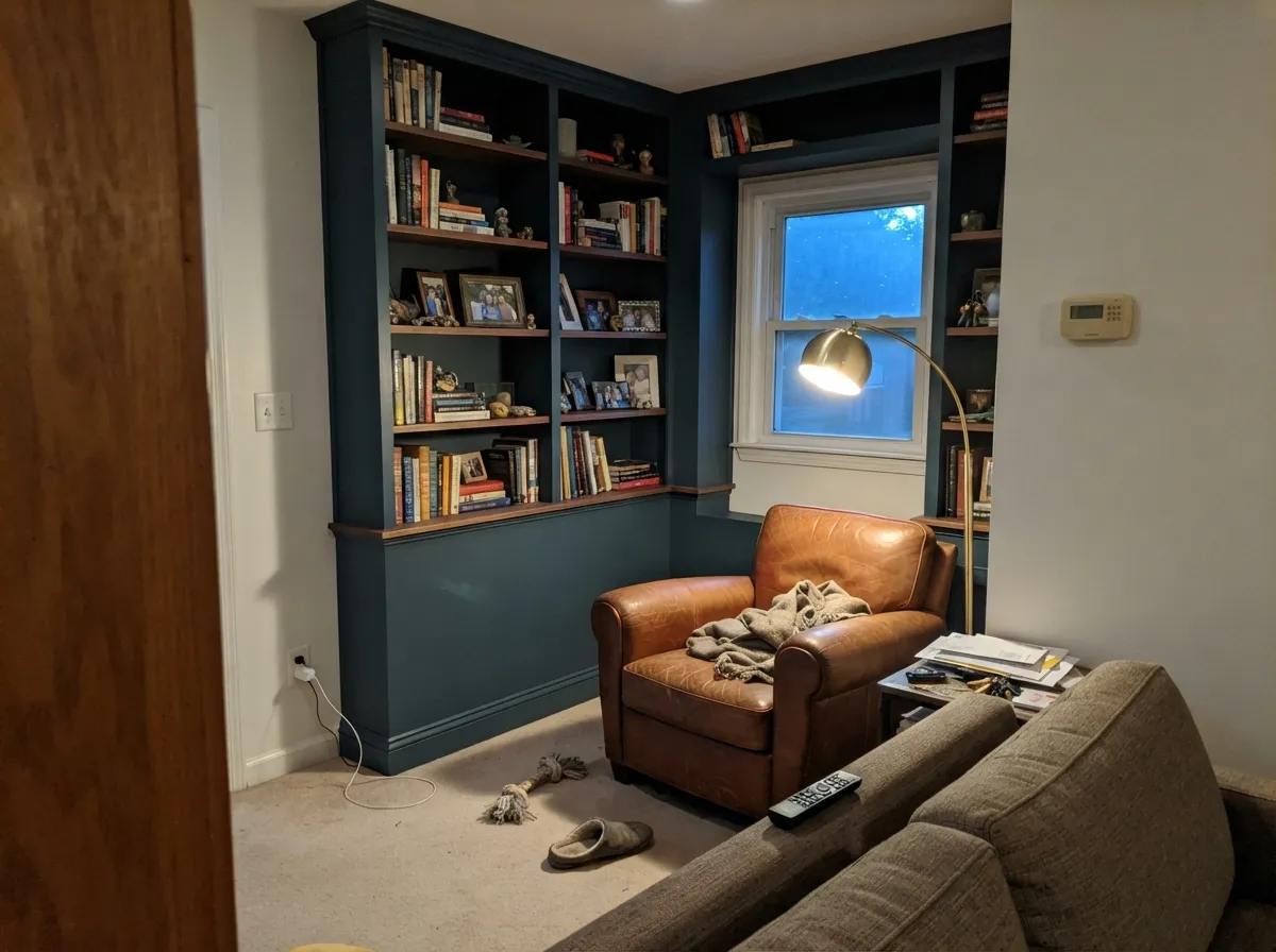 Under a warm lamp at night the blue comes forward against the walnut shelves — the color's best late-day company.