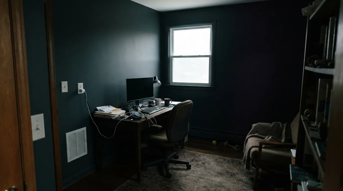 The honest shot: north light, no lamps, and the teal drains out entirely — near-black with a faint purple cast in the corner. This is the room this color is not built for.