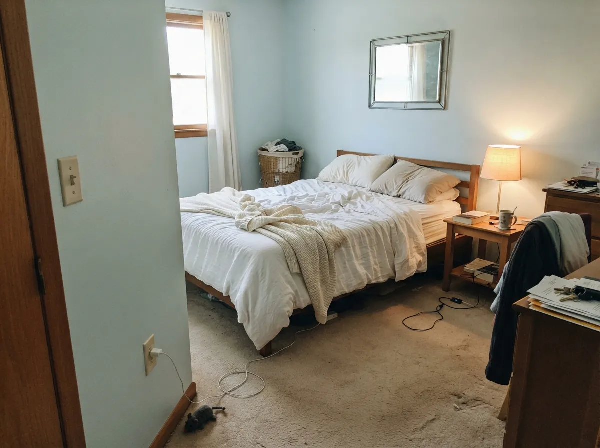 With cream linens and warm lamp light it settles into a genuinely restful, cool-but-not-cold bedroom color.
