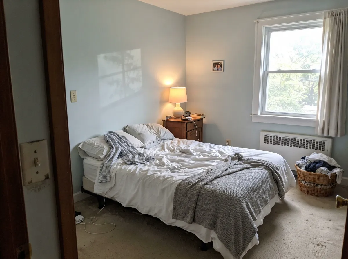 In morning light the color settles into a genuinely calming pale blue — restful without going cold.