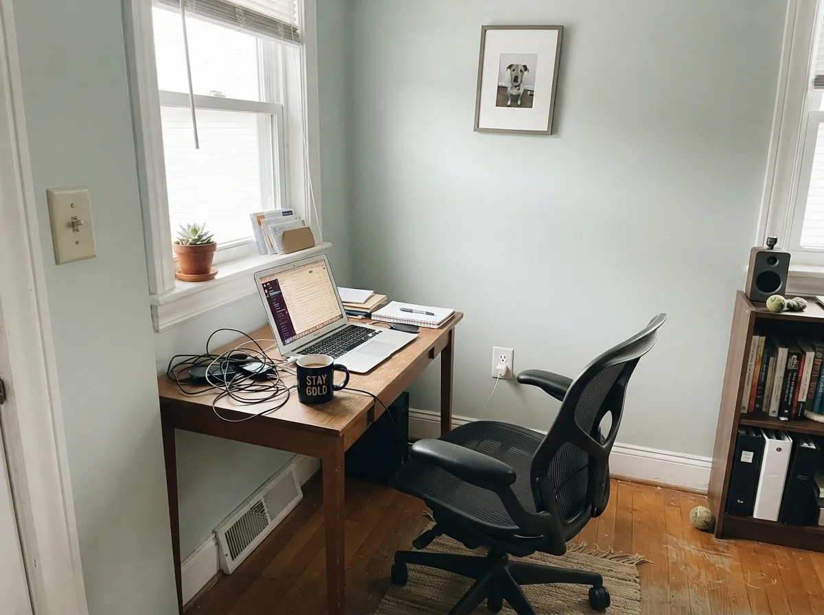 Same paint, north light: the blue mutes out and it reads as a plain soft gray instead — not wrong, just a different mood.