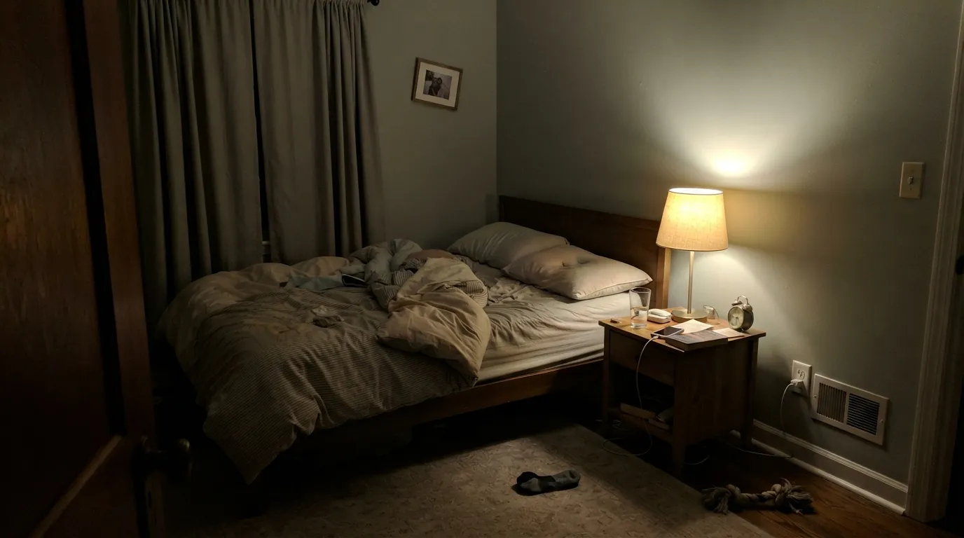 The honest shot: warm 2700K lamplight with no daylight backup drains the blue out and leaves it looking dingy — the exact complaint behind most of its bad reviews.