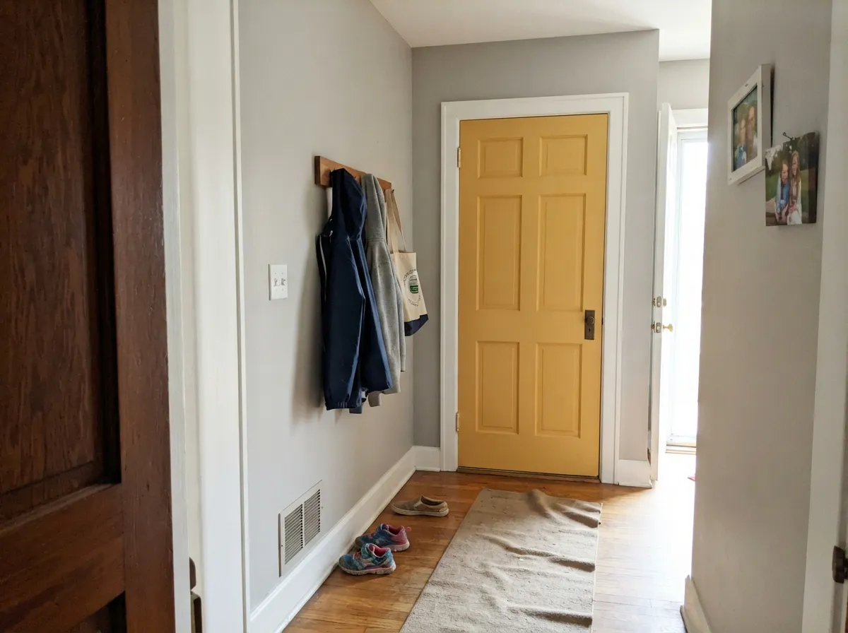 One yellow door in an otherwise neutral house — the cheapest way to find out whether you actually like saturated yellow before you commit a room to it.