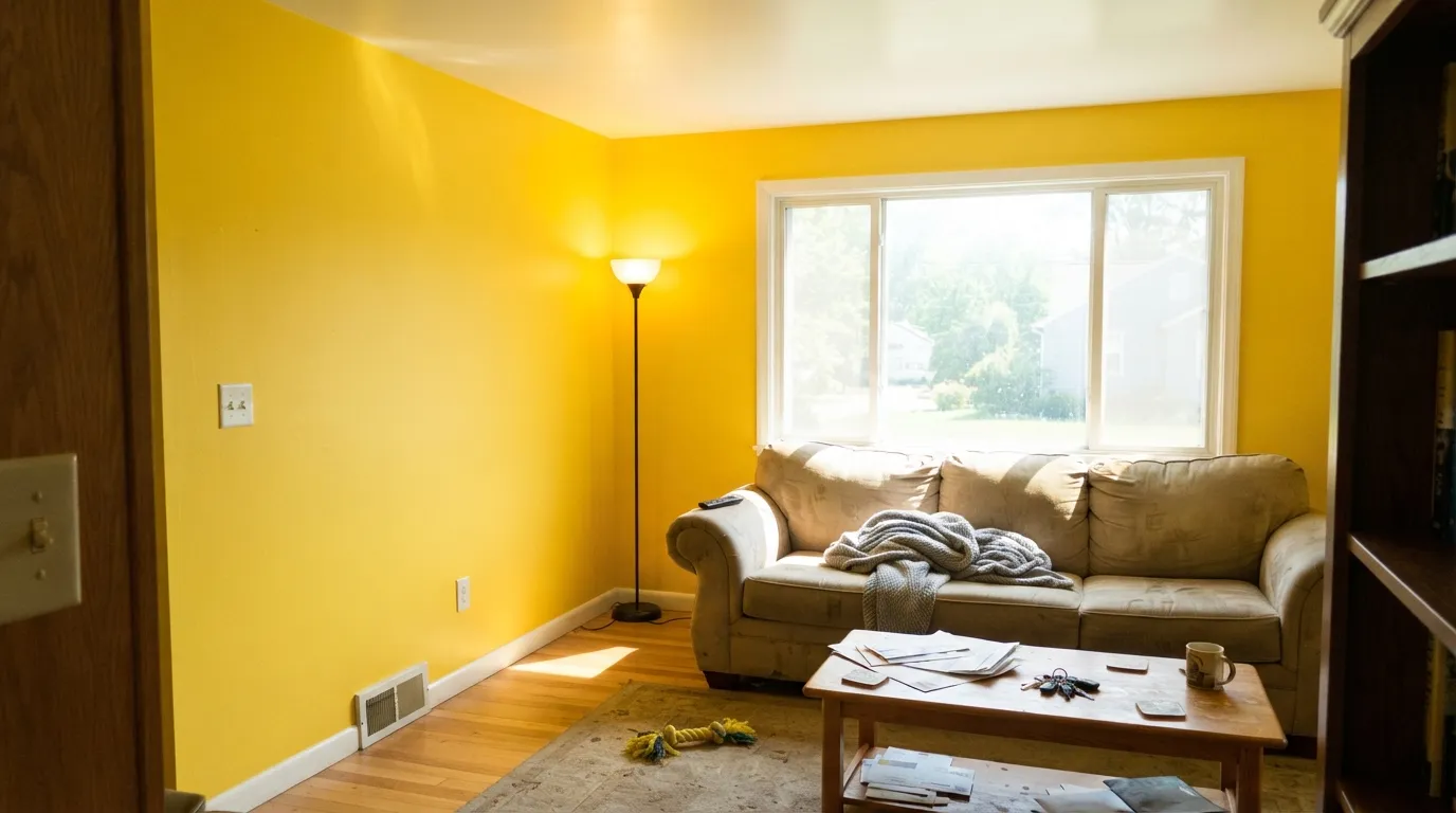 The honest shot: four living-room walls in full south sun. The chip looked cheerful; at this scale the color glares and throws yellow onto the ceiling, the floor and everyone in the room.