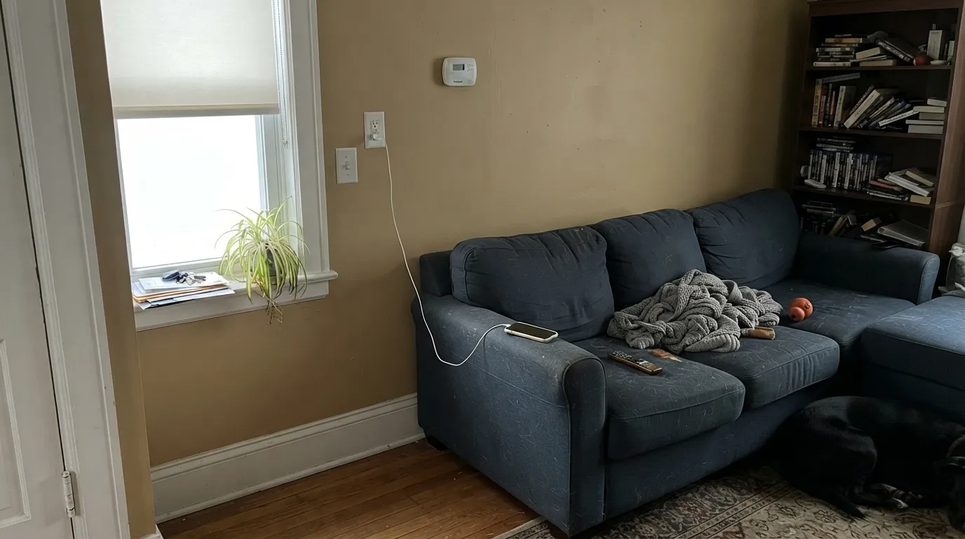 The honest shot: in a dim north room with no lamps, the color doesn't calm down — it goes flatter and more insistently yellow-muddy, the exact complaint behind its worst reviews.